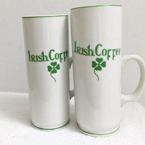 Set of 2 White Porcelain IRISH COFFEE Mugs Cups Shamrocks Green Line Trim